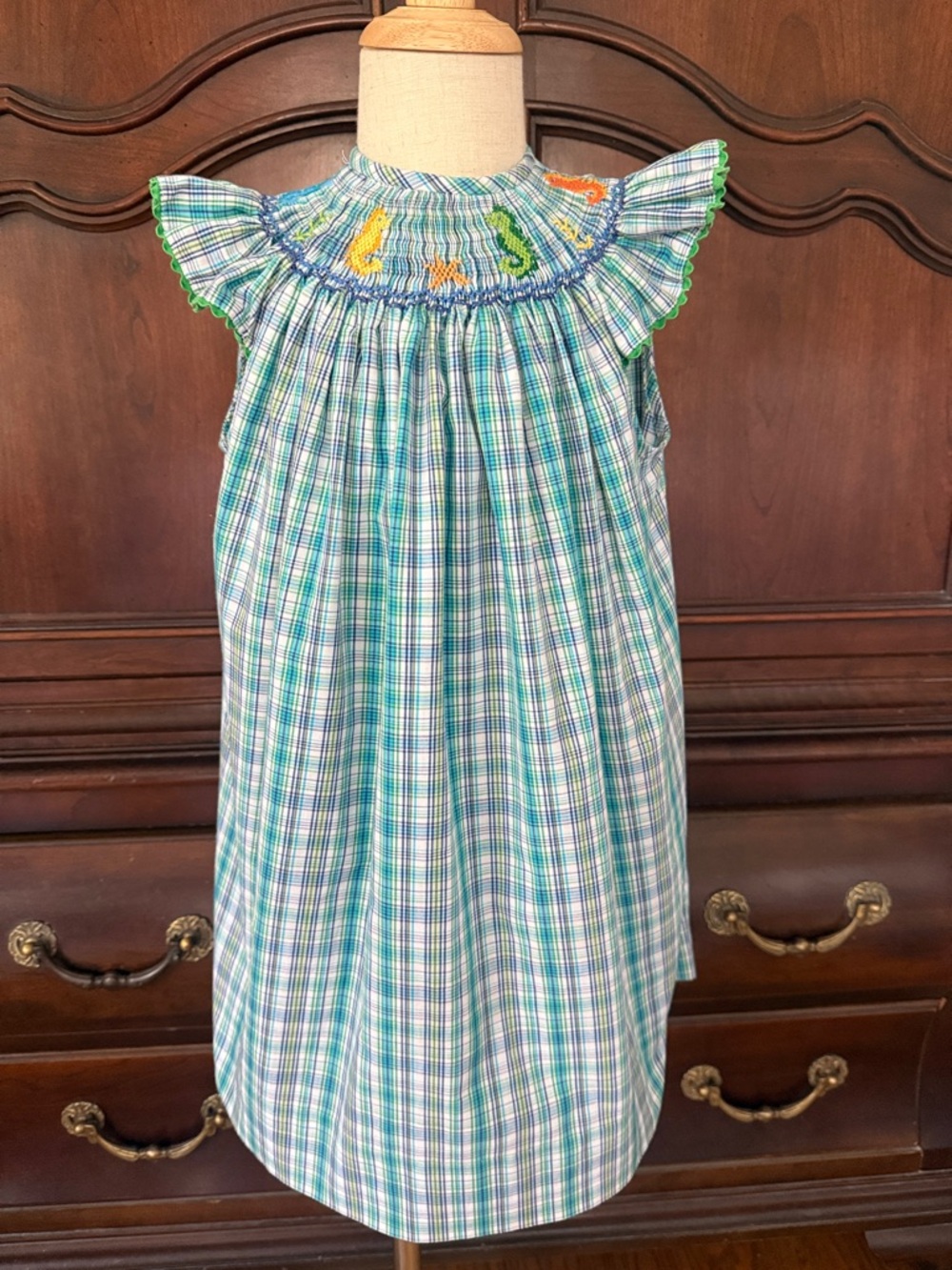 Smocked Sea Creatures Dress 2T Blue Green Plaid Girls Flutter Sleeve Boutique